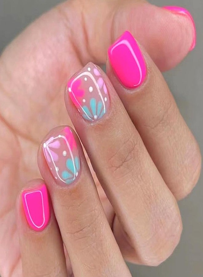 WAFOLOZE Press On Nails Short, Acrylic Nail Press ons, Short Square Press on Nails Fake Nails Glossy Red False Nails with Blue Pink Flowers Press ons Design Artificial Stick on Nails for Women 24Pcs - Image 1